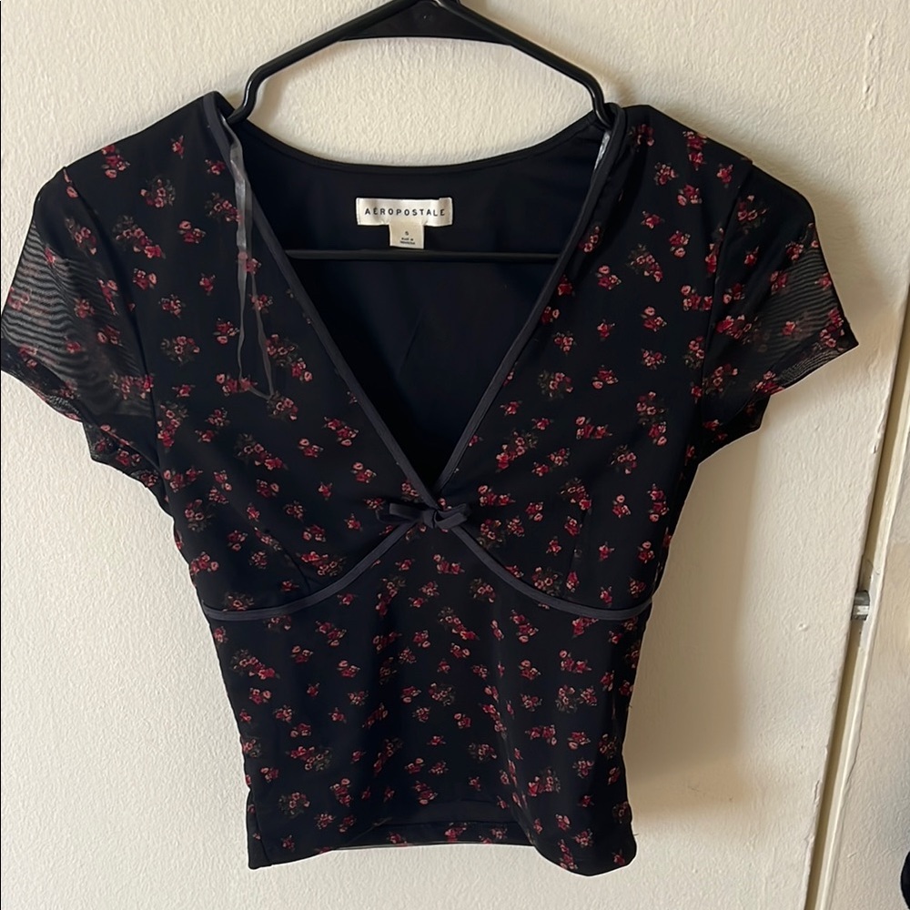 Aeropostale Black Red Tie Front Crop Blouse